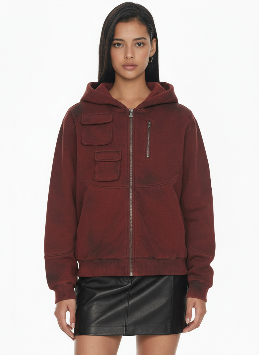 Vintage Utility Distressed Washed Zip-Up Hoodie