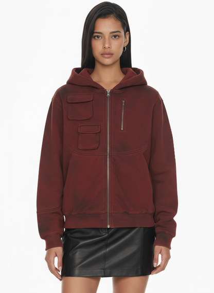 Vintage Utility Distressed Washed Zip-Up Hoodie