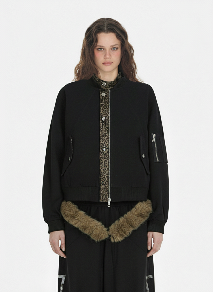 Retro Leopard PU Patchwork Faux Layered Jacket