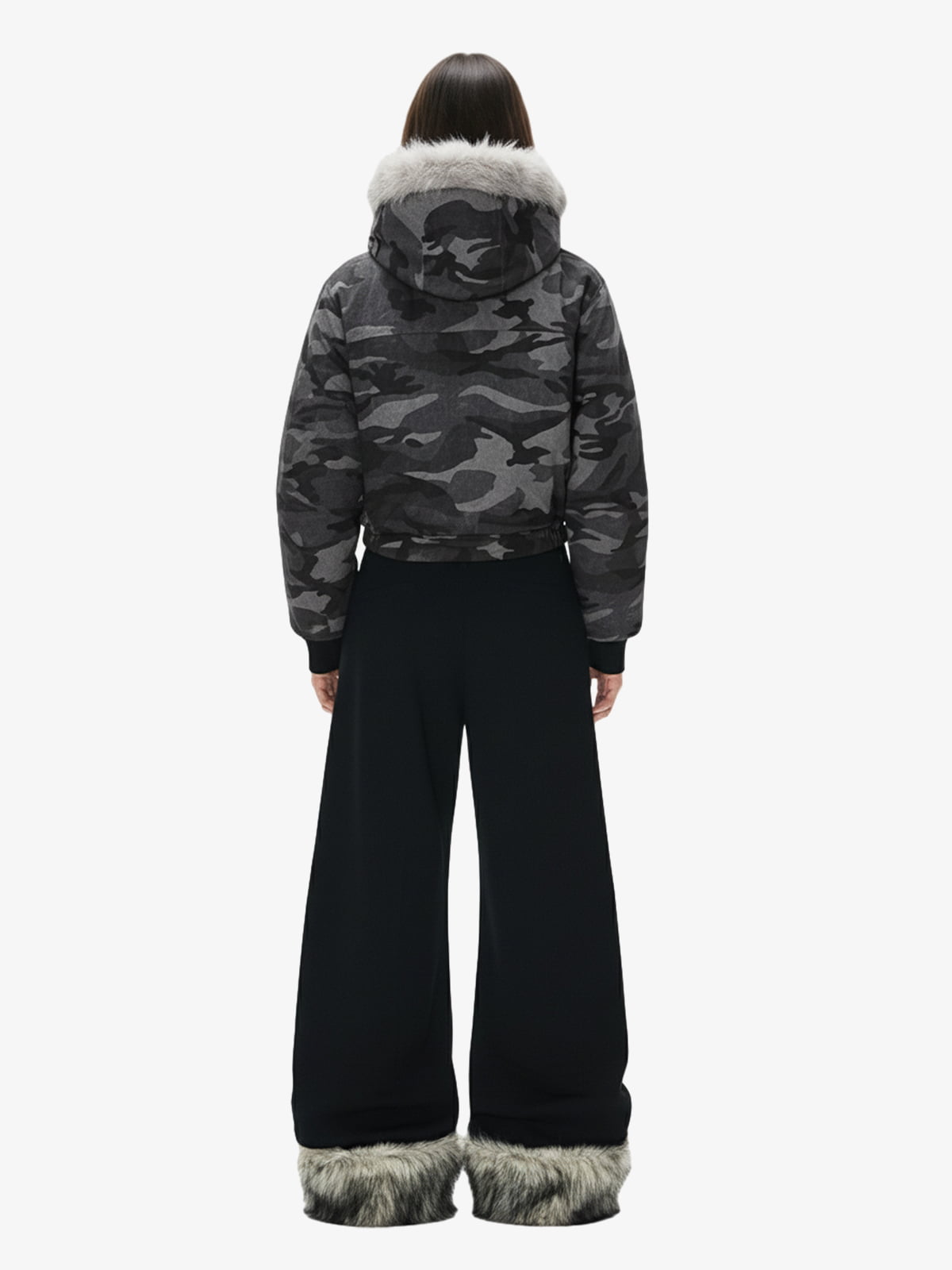 Vintage Camo Faux Fur Hood Padded Bomber Jacket