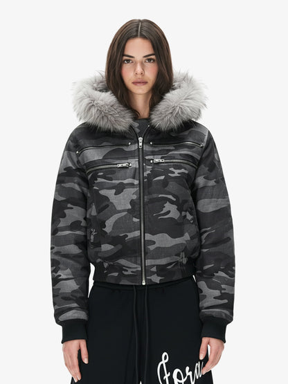 Vintage Camo Faux Fur Hood Padded Bomber Jacket