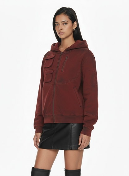 Vintage Utility Distressed Washed Zip-Up Hoodie