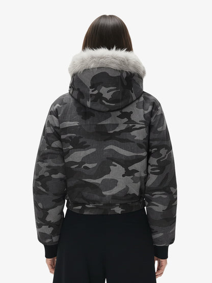 Vintage Camo Faux Fur Hood Padded Bomber Jacket