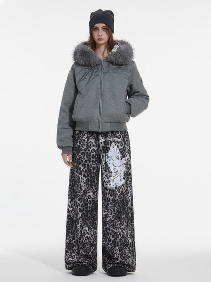 Vintage Faux Fur Hoodedd Leopard Lined Graphic Bomber Jacket