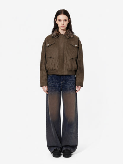 Retro Leopard Fur Collar Padded Bomber Jacket