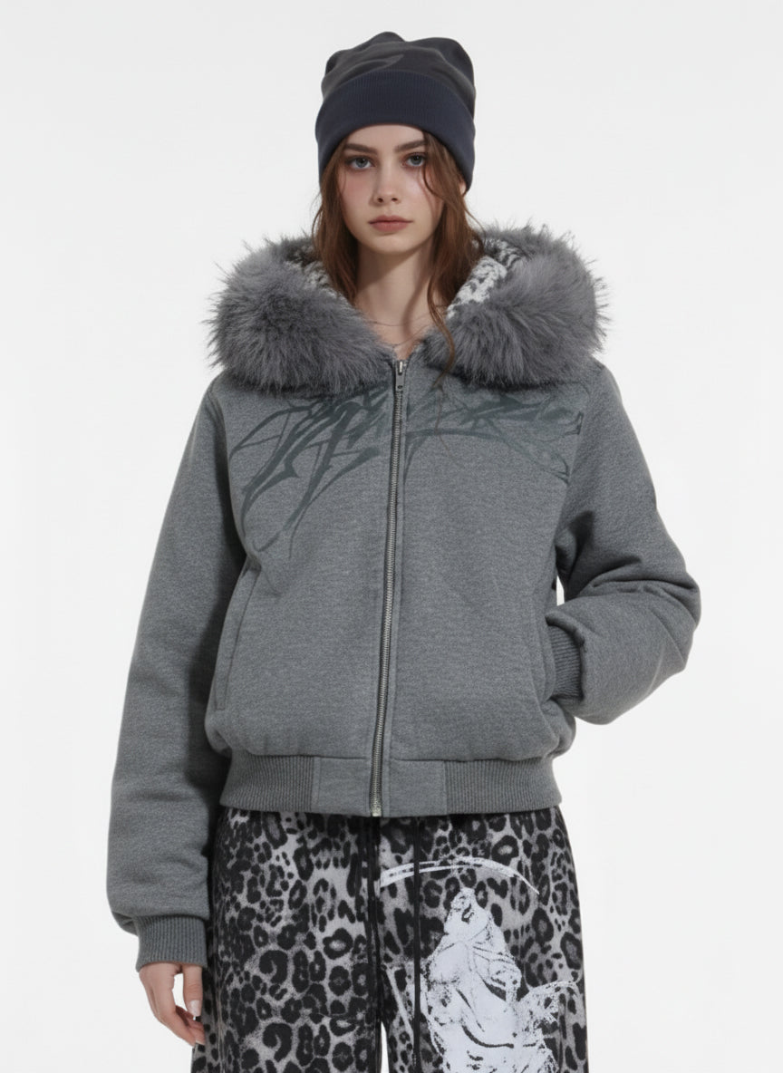 Vintage Faux Fur Hoodedd Leopard Lined Graphic Bomber Jacket