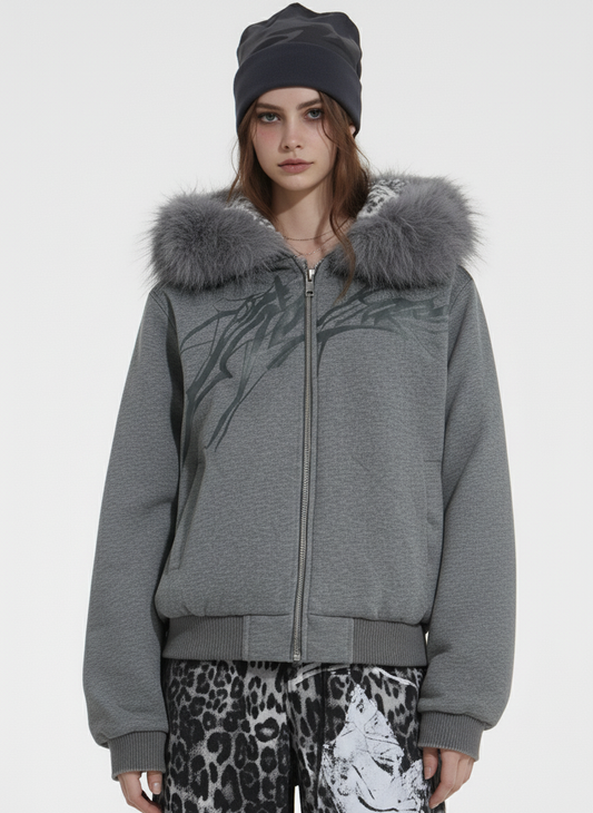 Vintage Faux Fur Hoodedd Leopard Lined Graphic Bomber Jacket