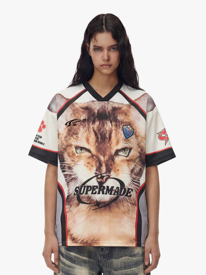 Vintage Big Cat Graphic Racing Jersey T-Shirt