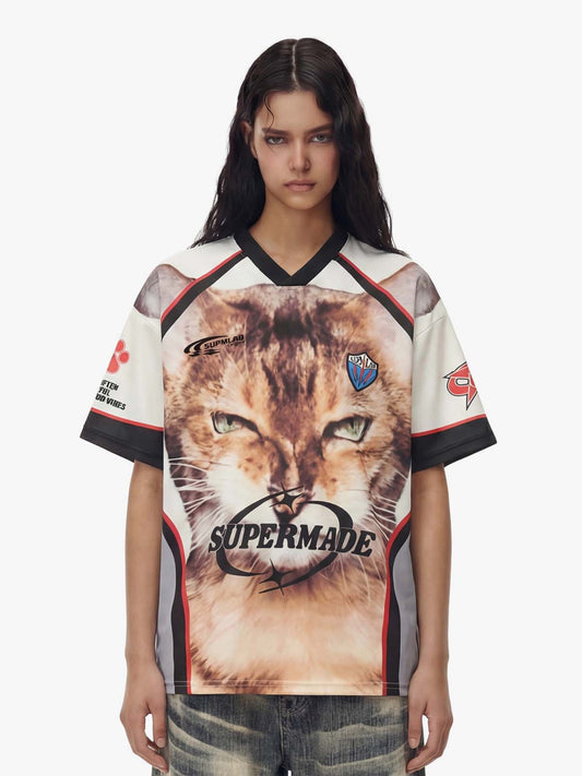 Vintage Big Cat Graphic Racing Jersey T-Shirt