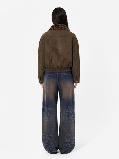 Retro Leopard Fur Collar Padded Bomber Jacket