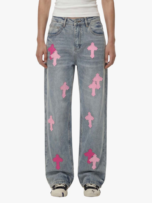 Vintage Washed Cross Patch Straight Leg Denim Jeans