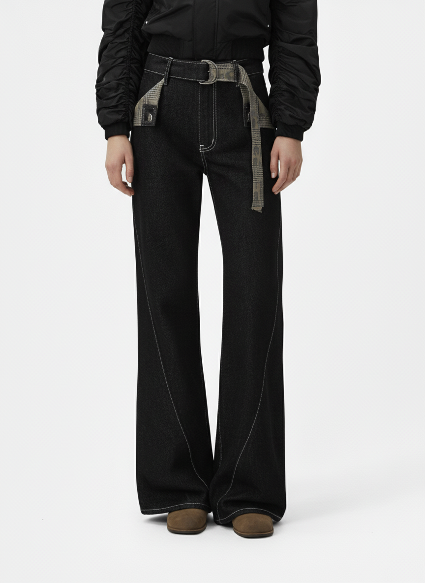 Vintage Plaid-Trim Tape-Belt Jeans