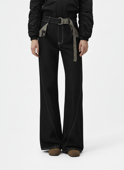 Vintage Plaid-Trim Tape-Belt Jeans