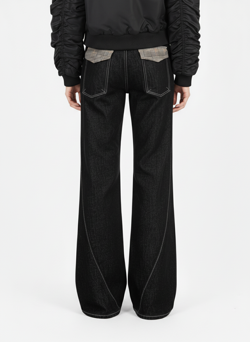 Vintage Plaid-Trim Tape-Belt Jeans