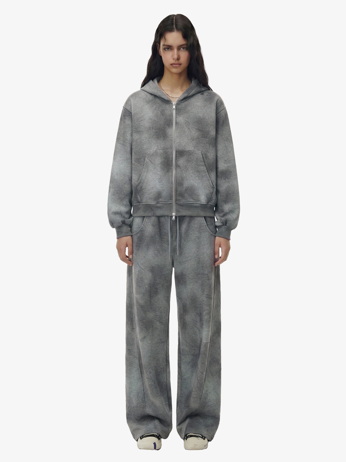 Vintage Washed Tie-Dye Zip Up Hoodie & Barrel Sweatpants Tracksuit