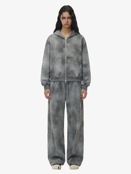 Vintage Washed Tie-Dye Zip Up Hoodie & Barrel Sweatpants Tracksuit