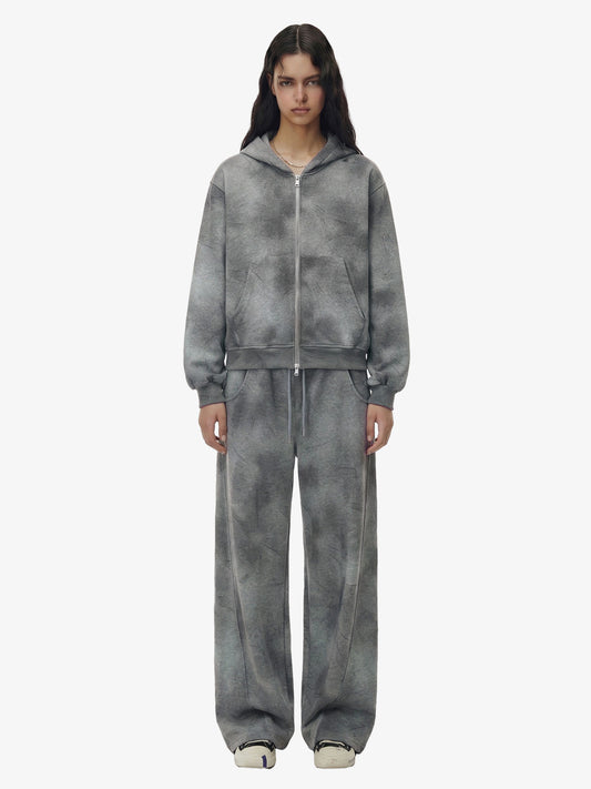 Vintage Washed Tie-Dye Zip Up Hoodie & Barrel Sweatpants Tracksuit