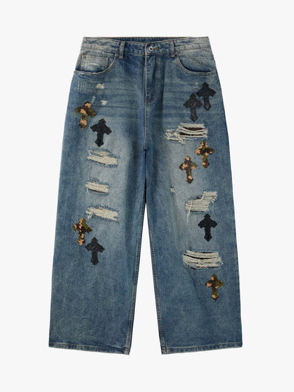 Vintage Wash Camo Cross Applique Distressed Straight Jeans