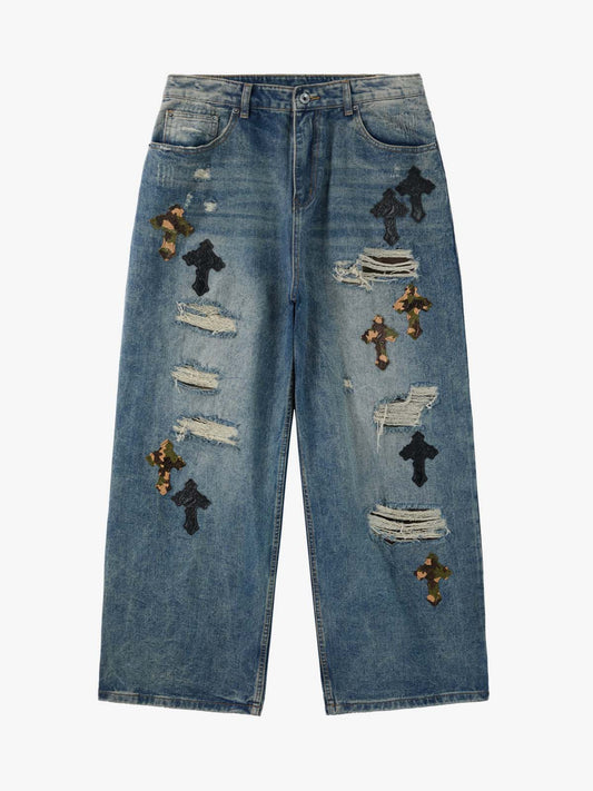 Vintage Wash Camo Cross Applique Distressed Straight Jeans