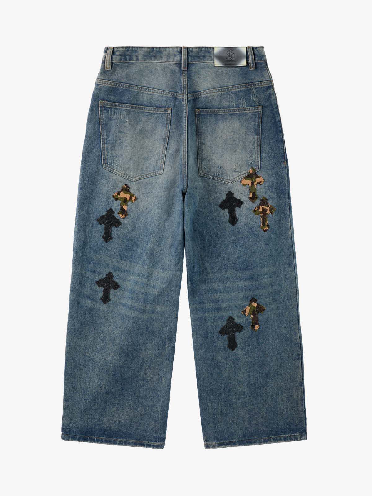 Vintage Wash Camo Cross Applique Distressed Straight Jeans