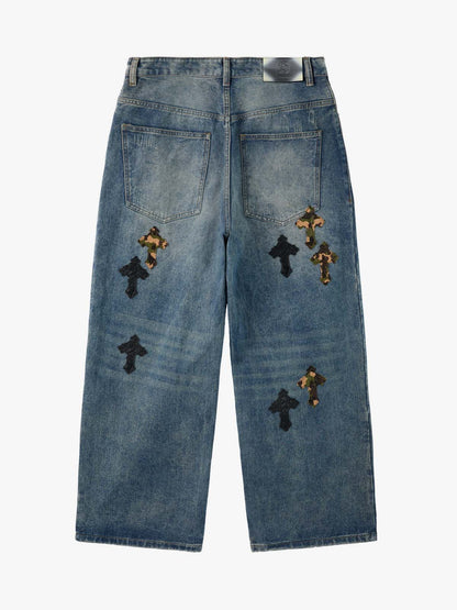 Vintage Wash Camo Cross Applique Distressed Straight Jeans