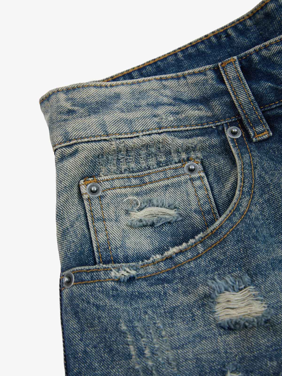 Vintage Wash Camo Cross Applique Distressed Straight Jeans