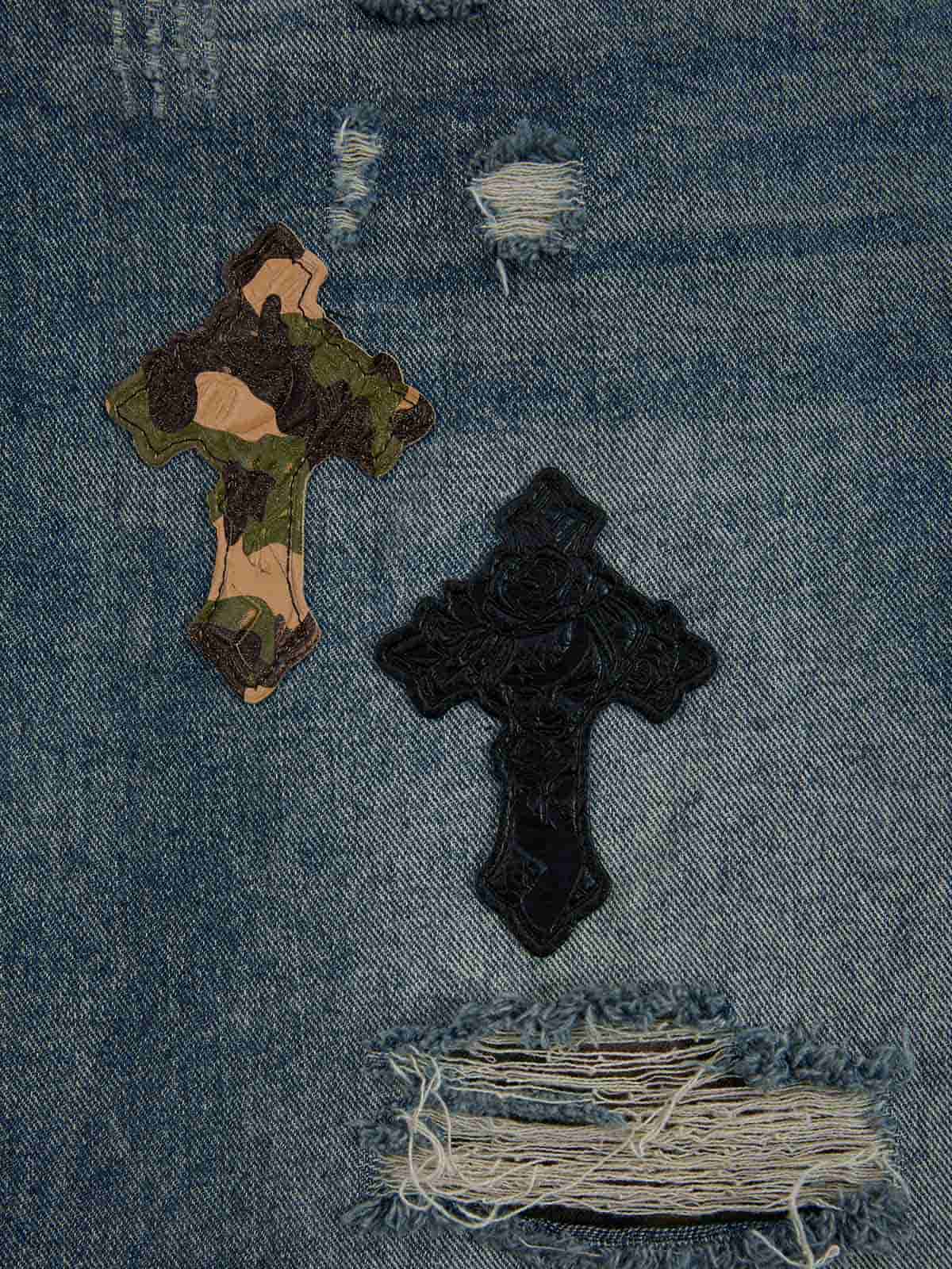 Vintage Wash Camo Cross Applique Distressed Straight Jeans