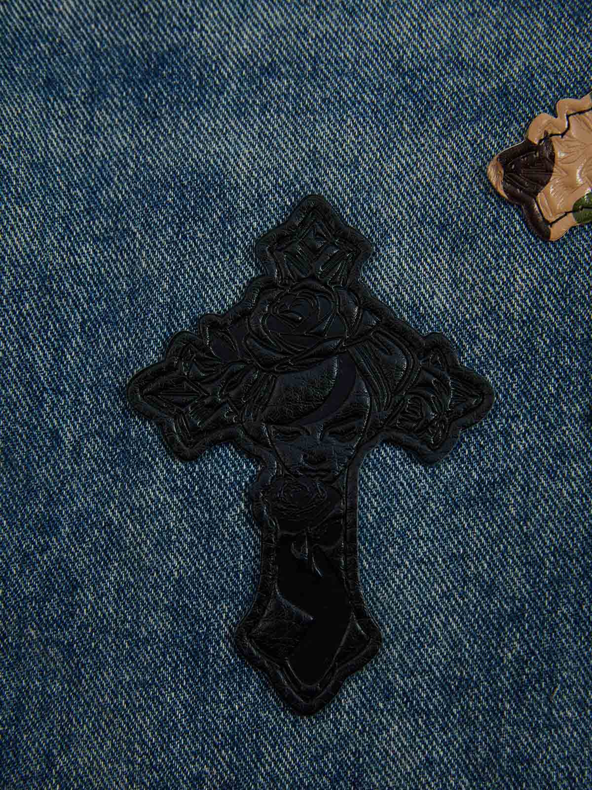 Vintage Wash Camo Cross Applique Distressed Straight Jeans