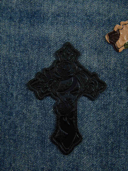 Vintage Wash Camo Cross Applique Distressed Straight Jeans