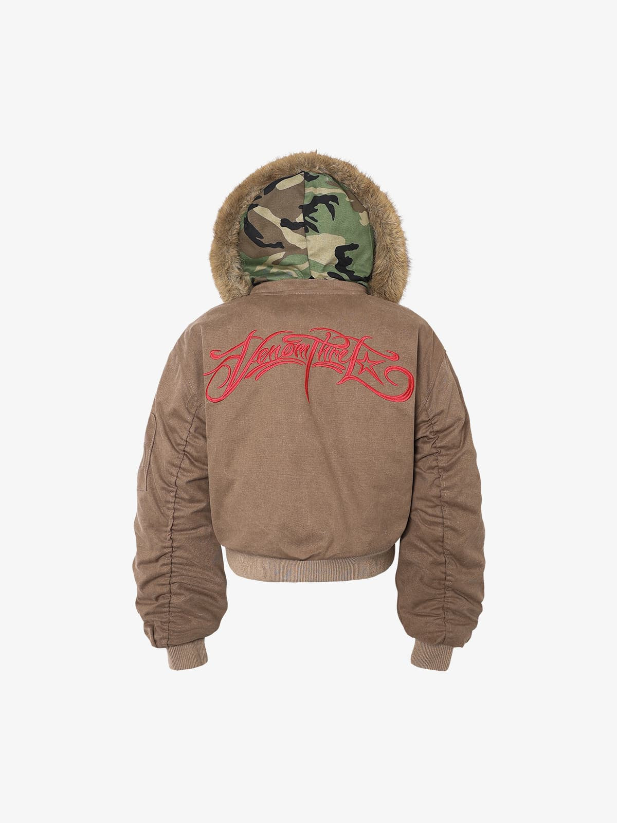 Winter Bomber Jacket with Faux Fur Hood Trim and Embroidered Logo 