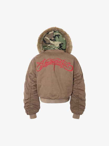 Winter Bomber Jacket with Faux Fur Hood Trim and Embroidered Logo 