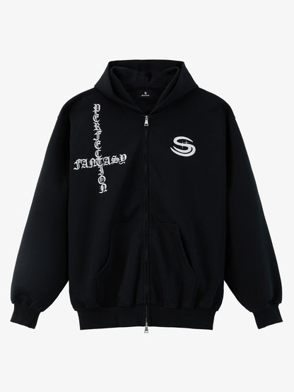 Gothic Letter Cross Embroidery Zip Up Hoodie and Sweatpants Set