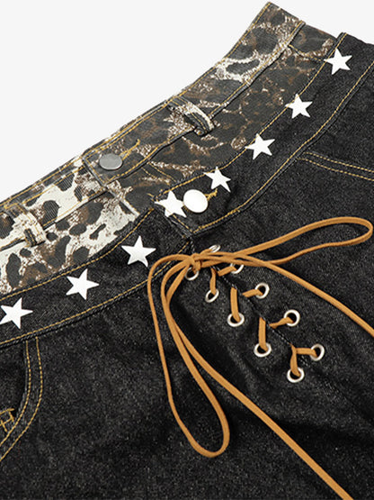 Stylish Wide-Leg Jeans with Unique Star Waistband Design for Men and Women 