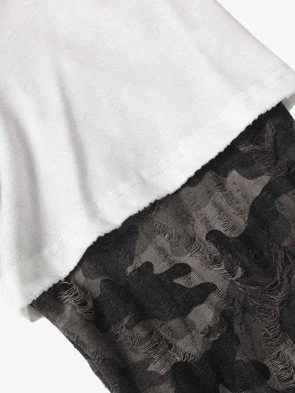 Cotton Blend Oversized Graphic Tee with Leopard Horse Print and Camo Layered Sleeves?