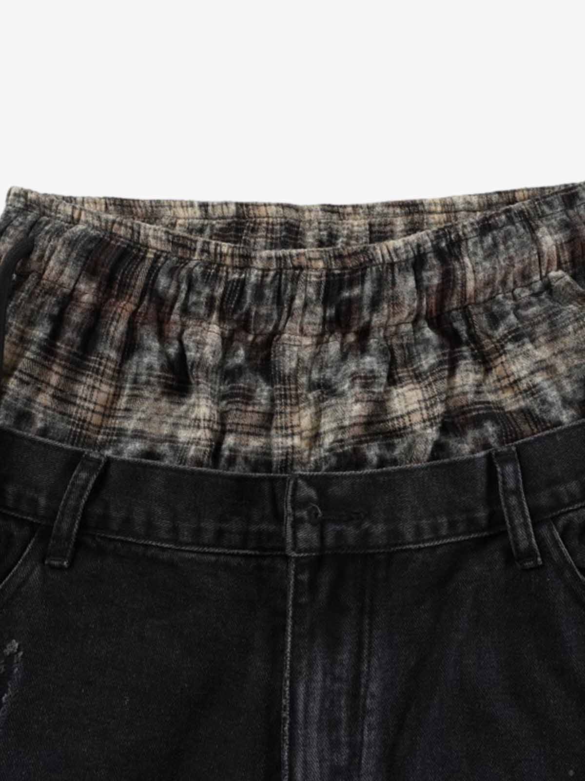 Denim Patchwork Wide Leg Pants with Drawstring Waist and Distressed Details 