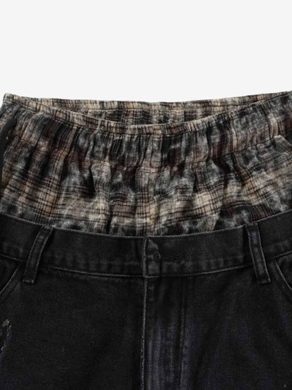 Denim Patchwork Wide Leg Pants with Drawstring Waist and Distressed Details 