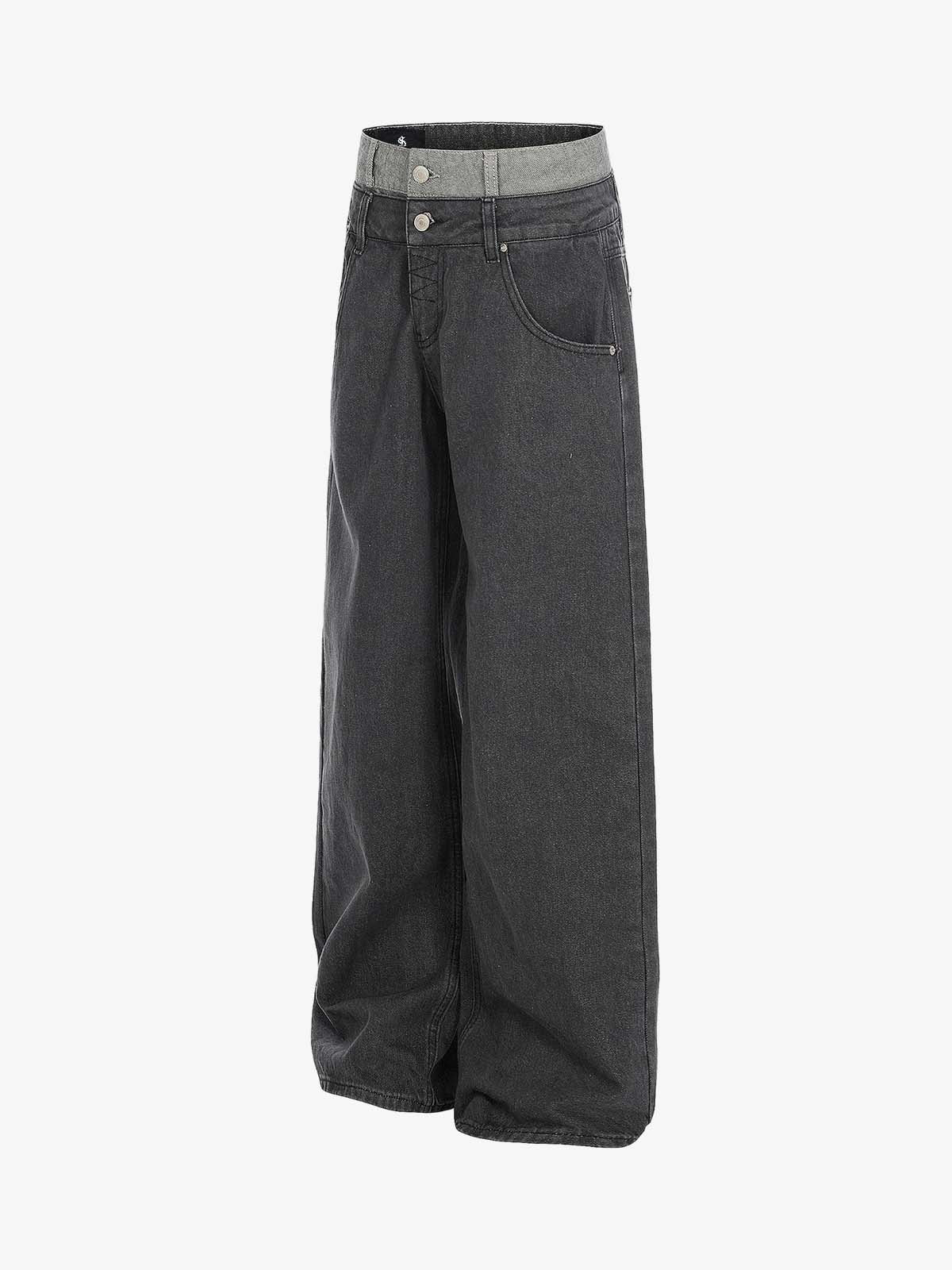 Vintage Washed Layered Waist Wide Leg Denim Jeans