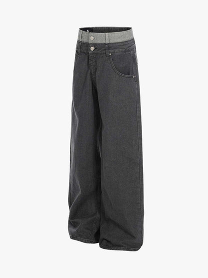 Vintage Washed Layered Waist Wide Leg Denim Jeans