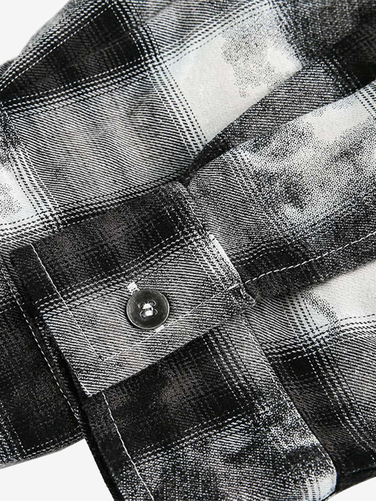 Washed Cotton Plaid Long Sleeve Shirt with Distressed Pattern and Chest Pocket 