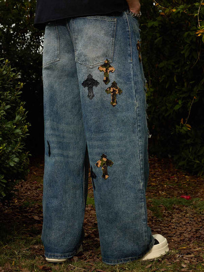 Denim Wide Leg Cropped Pants with White Stripe Design High Waist Fashion Trousers for Women 