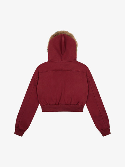 Retro Detachable Fur Collar Cropped Hooded Sweatshirt