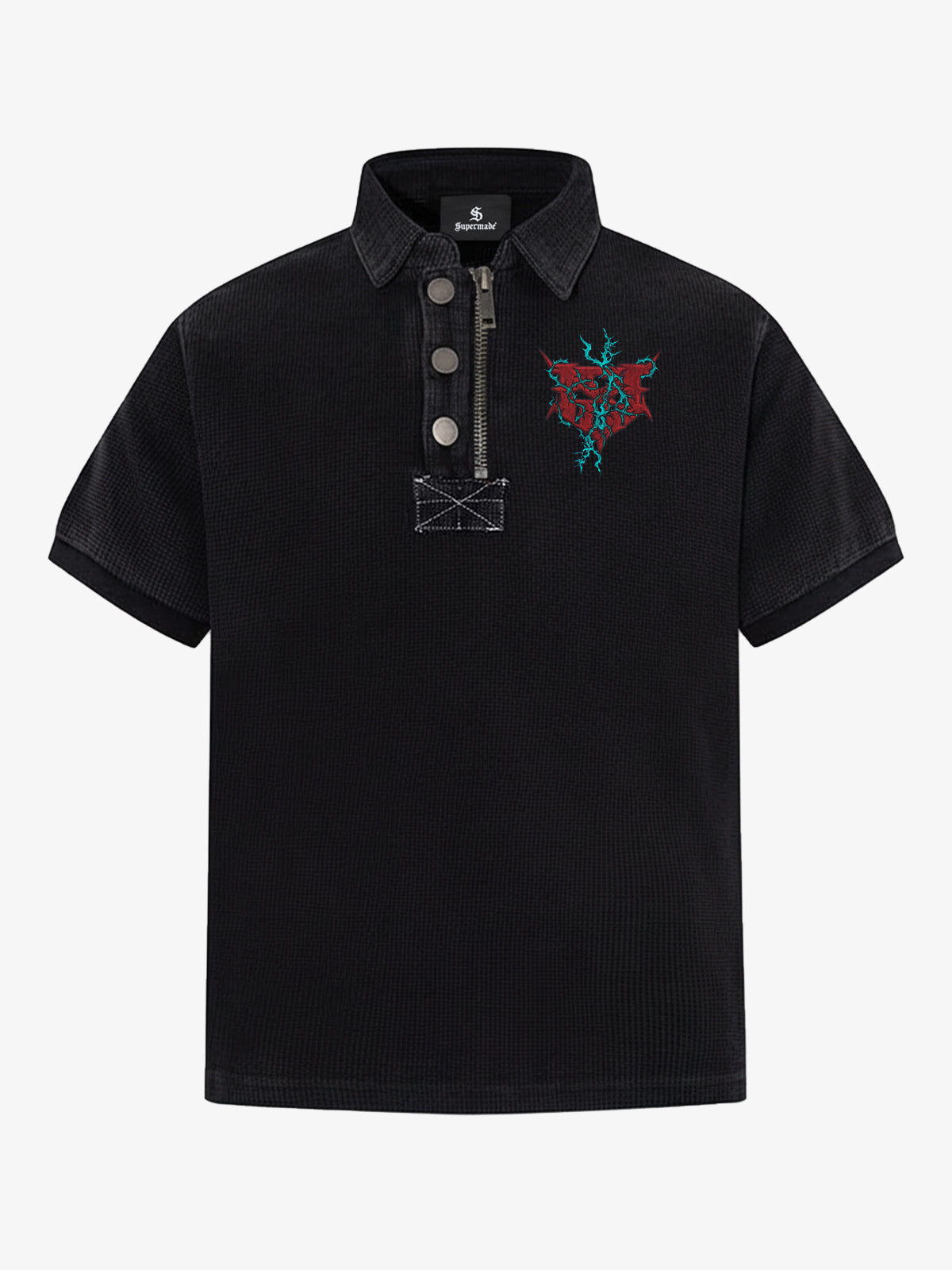 Cotton Blend Textured Polo Shirt with Red Embroidered Logo and Zipper Detail 