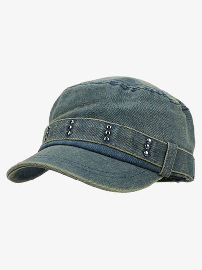 Distressed Cotton Blend Flat Cap with Stud Details for Men and Women?