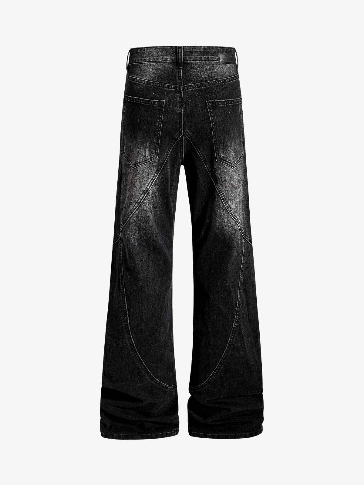 Black Denim Wide-Leg Jeans with Asymmetric Stitching and Button Details?