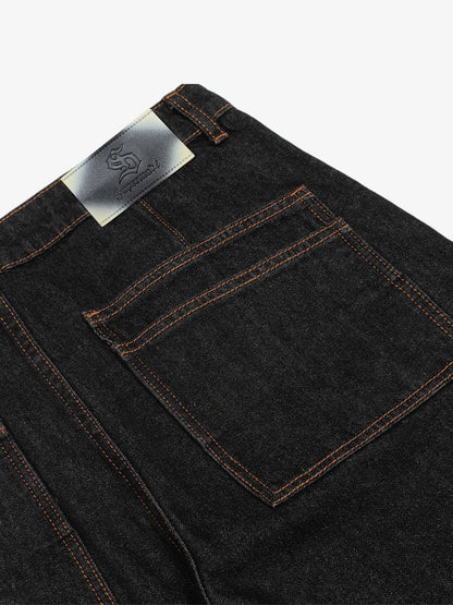 Wide-Leg Denim Trousers with Distressed Pockets and Functional Design 