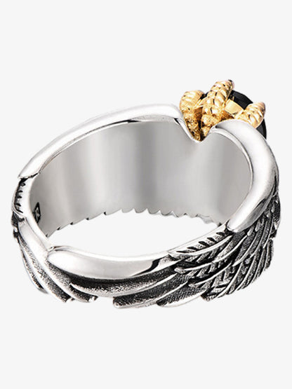 Sterling Silver Black Onyx Wing Ring with Gold Accents - Vintage Statement Jewelry for Women 