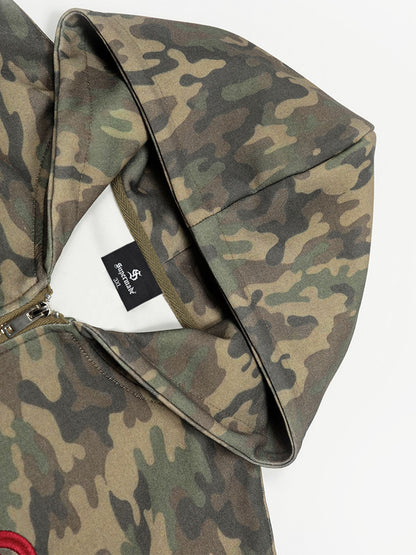Camouflage Hooded Jacket with Embroidered Details and Striped Sleeves 