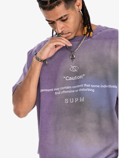 300G Cotton Jade Pattern Dyed T-Shirt with Caution Print Oversized Streetwear Tee?