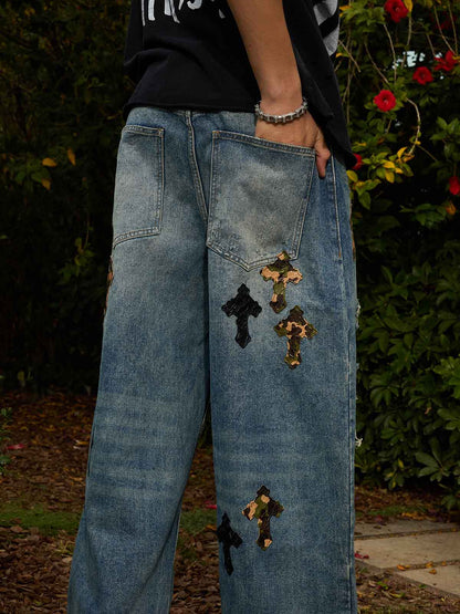 Denim Wide Leg Cropped Pants with White Stripe Design High Waist Fashion Trousers for Women 