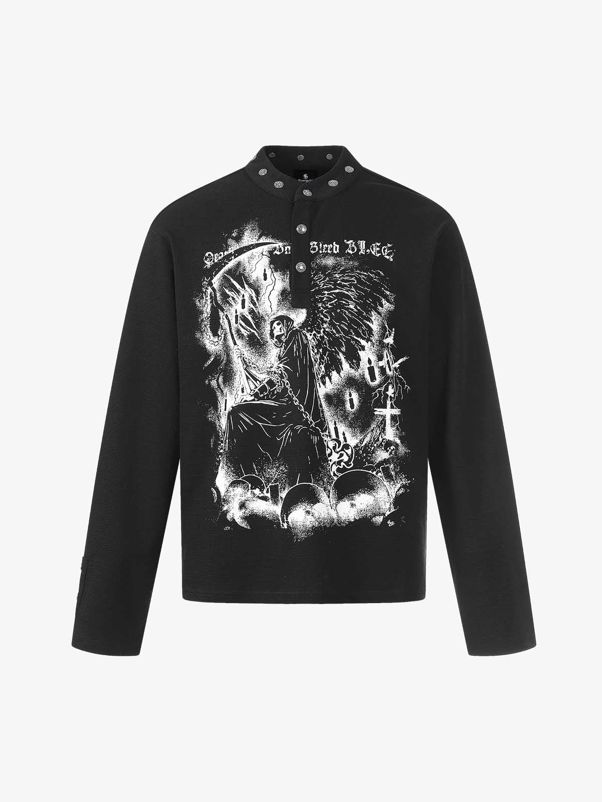 Cotton Long Sleeve Henley Shirt with Gothic Reaper Print Dark Black Graphic Sweatshirt for Men?